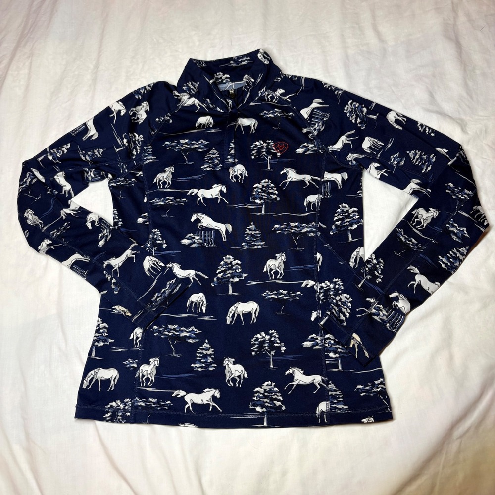 Ariat Tek Navy Horse Print Quarter Zip Base Layer Cold Series Mock Neck Medium